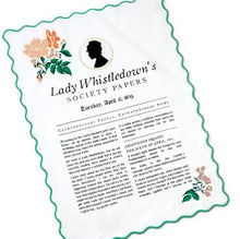Load image into Gallery viewer, Bridgerton Lady Whistledown&#39;s Society Papers Tea Towel, 18x26
